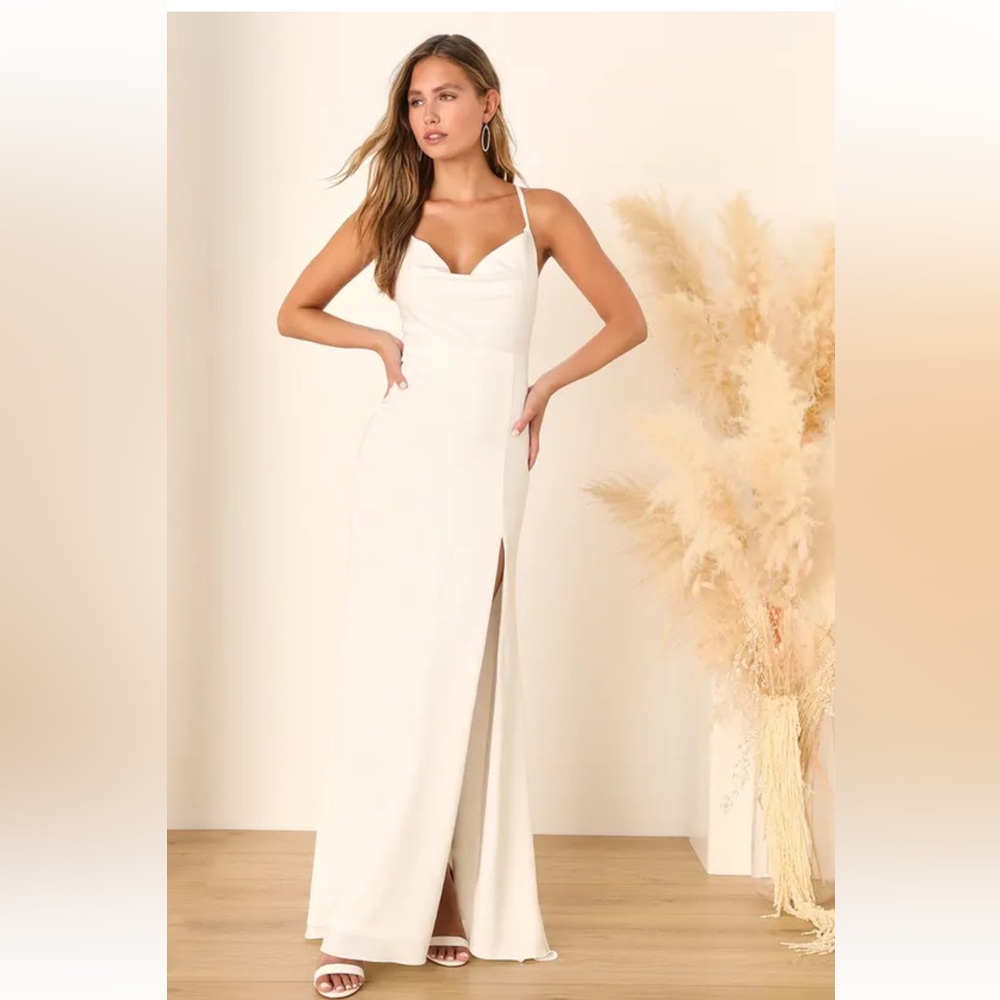 Lulu’s Destined Romance White Satin Cowl Neck Backless Maxi Dress